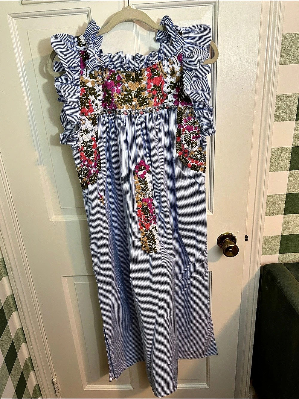 Mi Golondrina Embroidered Striped Maxi Dress Blue & White Size Large
